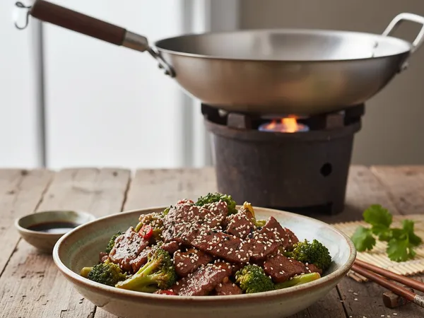 Boeuf au brocoli et sésame au wok inox