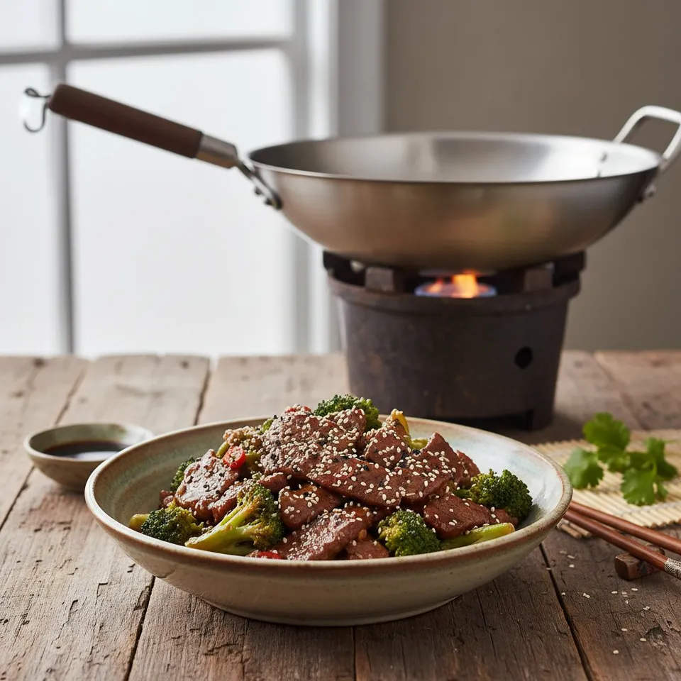 Boeuf au brocoli et sésame au wok inox