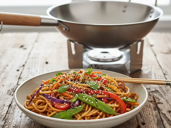 Nouilles sautées aux légumes croquants au wok inox