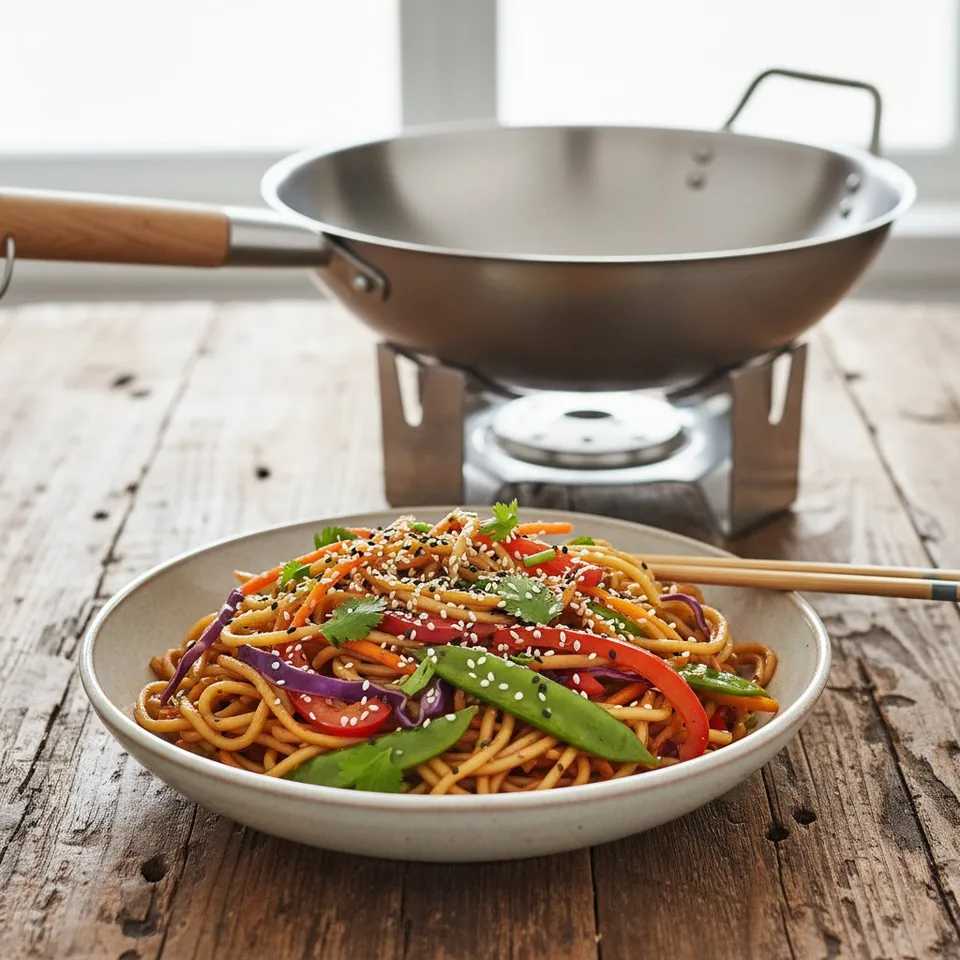 Nouilles sautées aux légumes croquants au wok inox