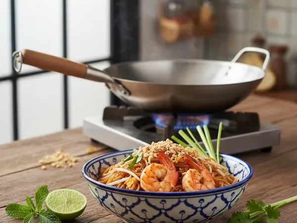 Pad thaï aux crevettes au wok inox