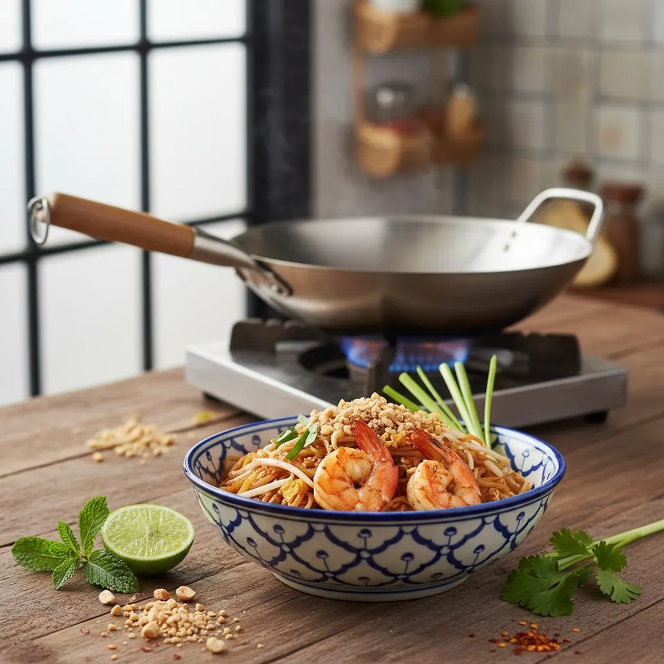 Pad thaï aux crevettes au wok inox