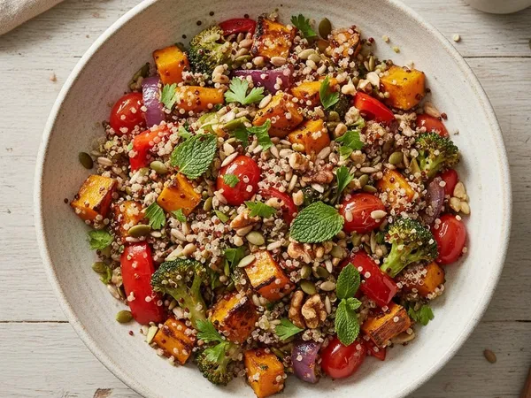 Salade tiède de quinoa aux légumes rôtis