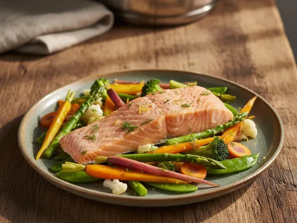 Saumon vapeur douce et ses légumes de saison