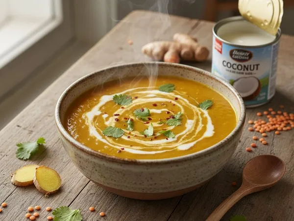 Soupe de lentilles corail au curcuma et lait de coco