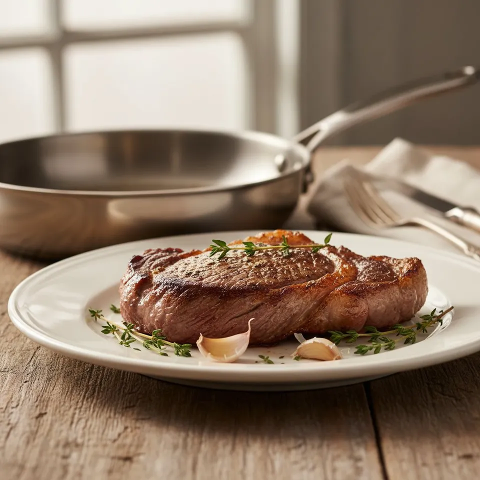 Steak de boeuf saisi à la poêle inox