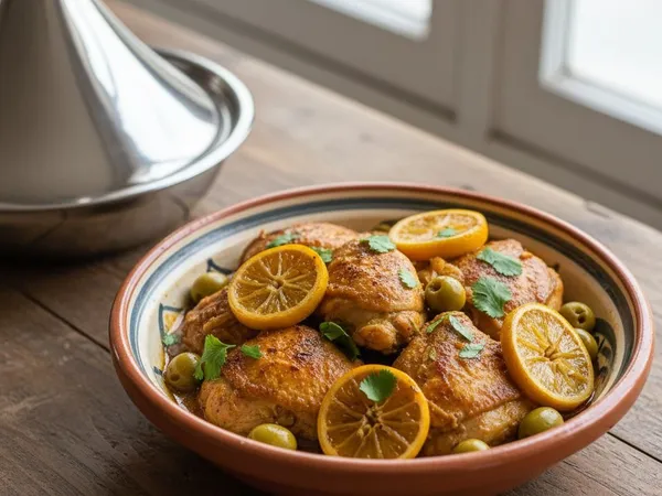 Tajine de poulet au citron confit et olives