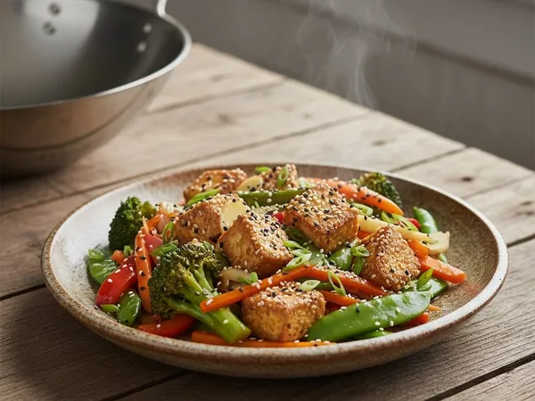 Wok de légumes croquants et tofu mariné au sésame