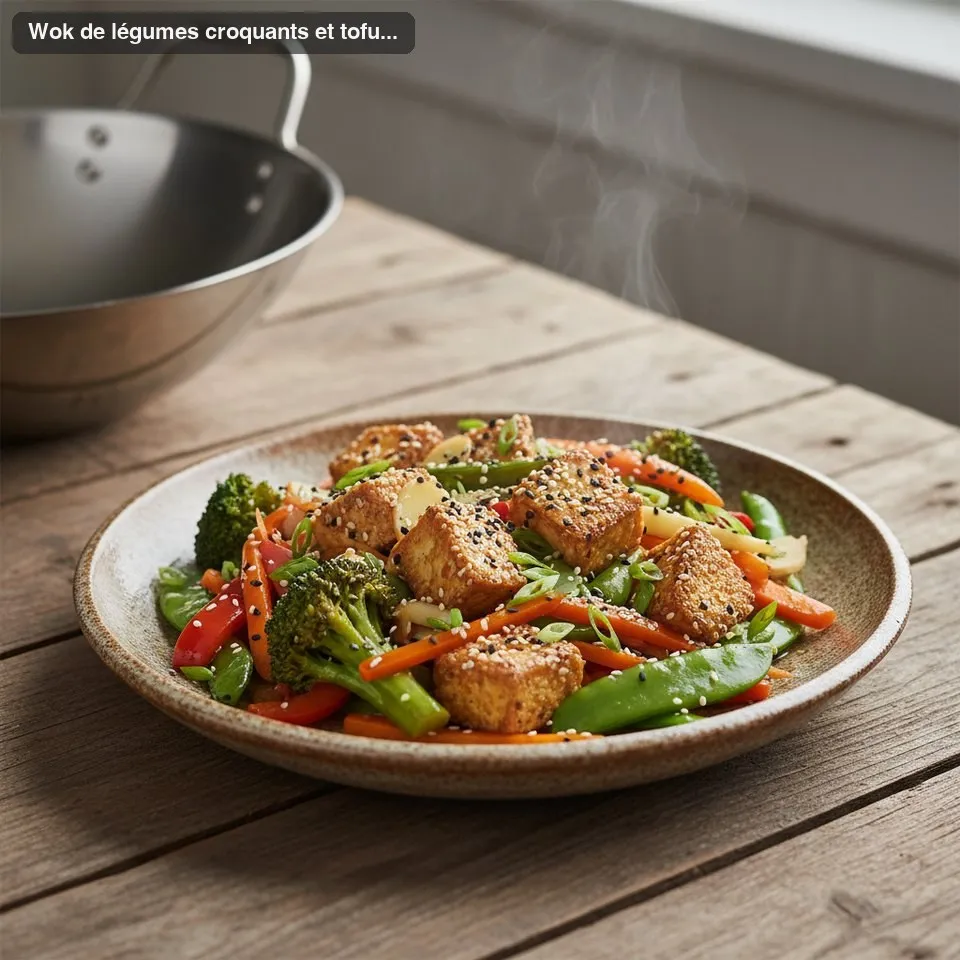 Wok de légumes croquants et tofu mariné au sésame